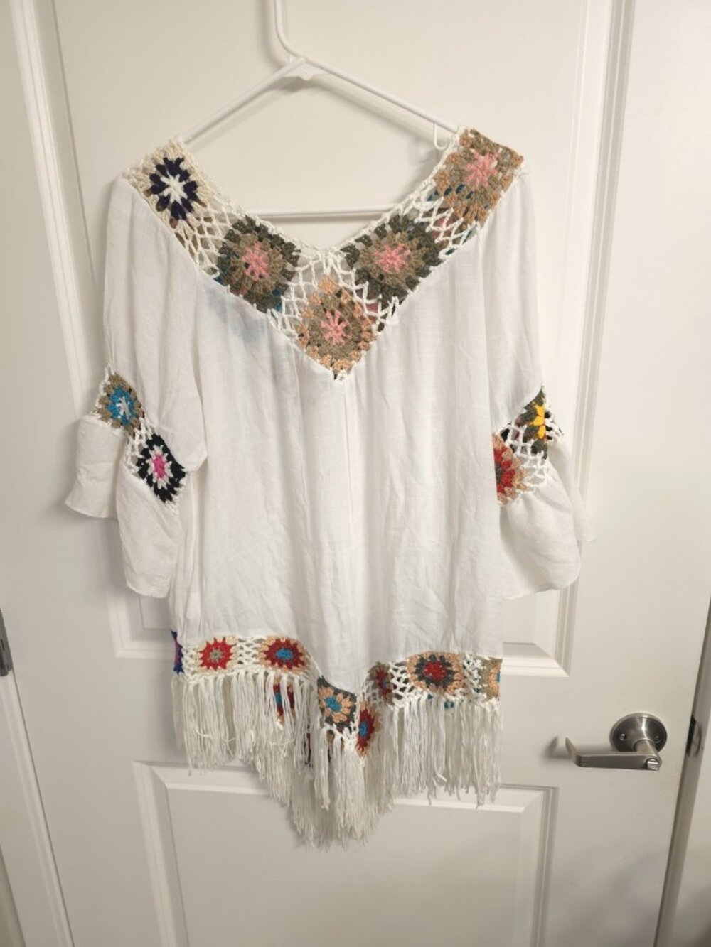 Dasayo Women's Large White Crochet Trim Fringe Boho Tunic Cover Up Festival Top